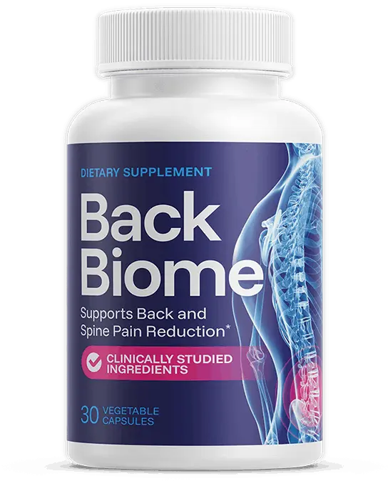 BackBiome supplement bottle — Dietary Supplement, 30 vegetable capsules, supports back and spine pain reduction
